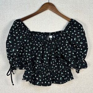 H&M Divided Black Floral Polka Dot Puff Sleeve Smocked Waist Blouse Small